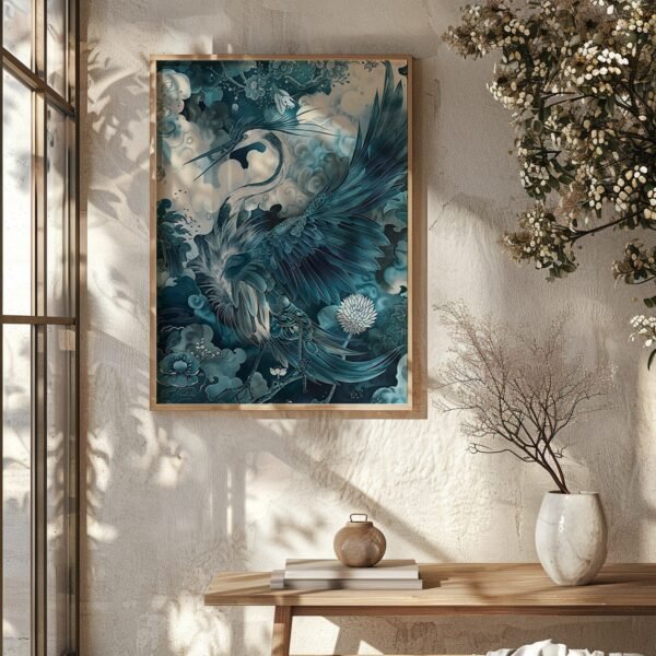 Framed Japanese Art Mystical Crane with flowing blue feathers and flowers, hung above a wooden table with books and a vase in soft natural light.