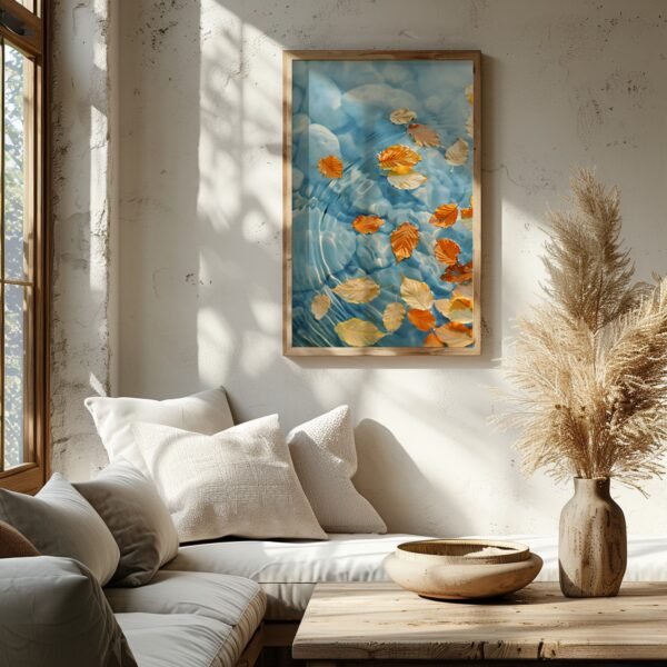 Cozy room with framed Japandi Wall Art Autumn depicting orange leaves floating on rippling water, sunlight streaming through a window.