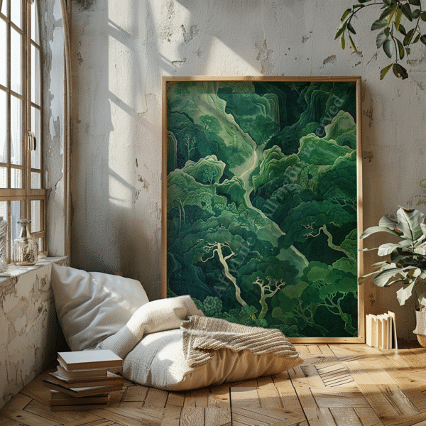A cozy living room with a beige sofa and abstract cushions, accented by a large sage green Japandi Wall Art piece that complements the muted tones and soft lighting.