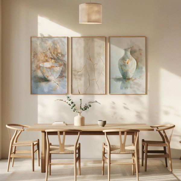 Minimalist dining room with wooden table and four chairs, adorned with three Wabi Sabi Wall Art Set paintings of pottery, bathed in soft sunlight.