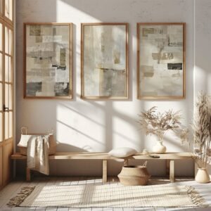 Sunlit room with three framed Minimalist Japanese Digital Wall Art prints above a wooden bench with cushion, basket, and dried plants.