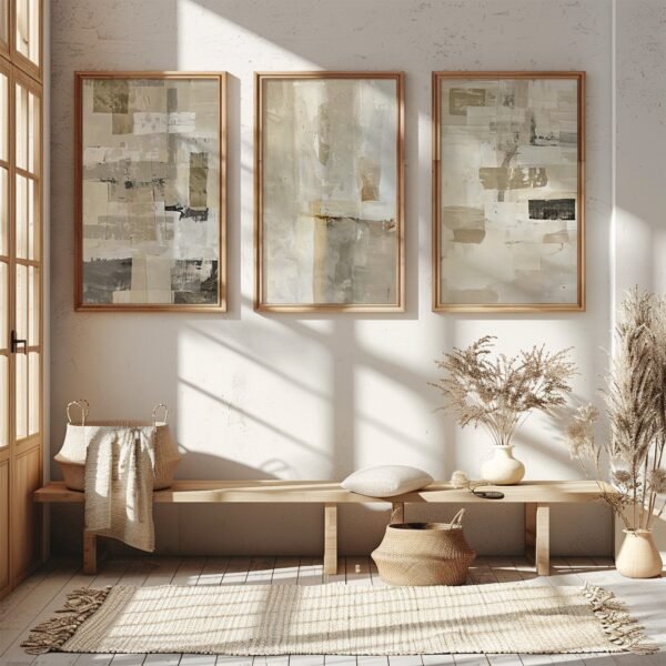 Sunlit room with three framed Minimalist Japanese Digital Wall Art prints above a wooden bench with cushion, basket, and dried plants.