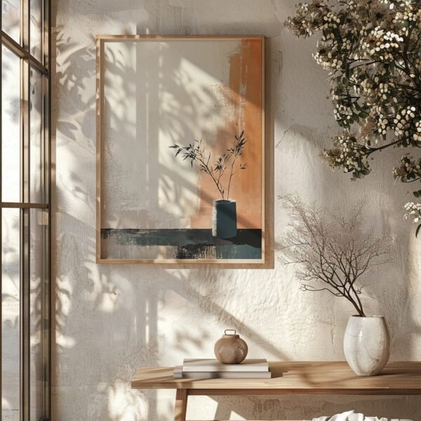 Framed Japandi Minimalist Wall Art showing branches in a vase, sunlight casting shadows on a textured wall beside a wooden table with ceramic pot and books.