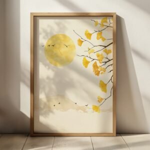 Framed Japandi Ginkgo Art Autumn artwork of golden ginkgo leaves, glowing sun, and flying birds against a beige background with soft shadows.