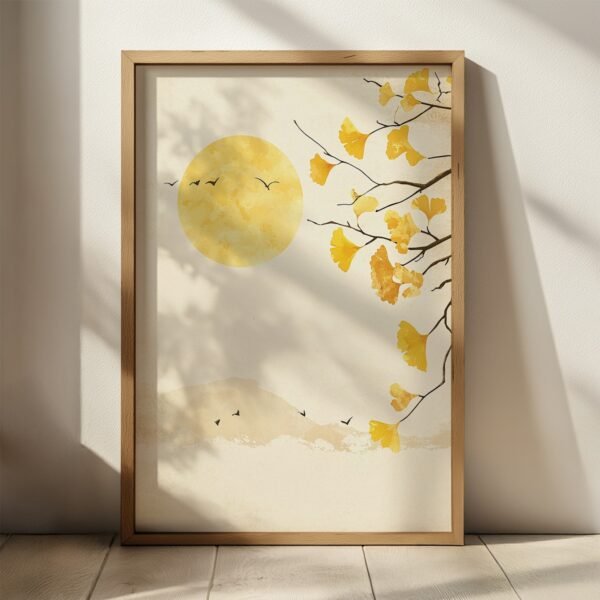 Framed Japandi Ginkgo Art Autumn artwork of golden ginkgo leaves, glowing sun, and flying birds against a beige background with soft shadows.