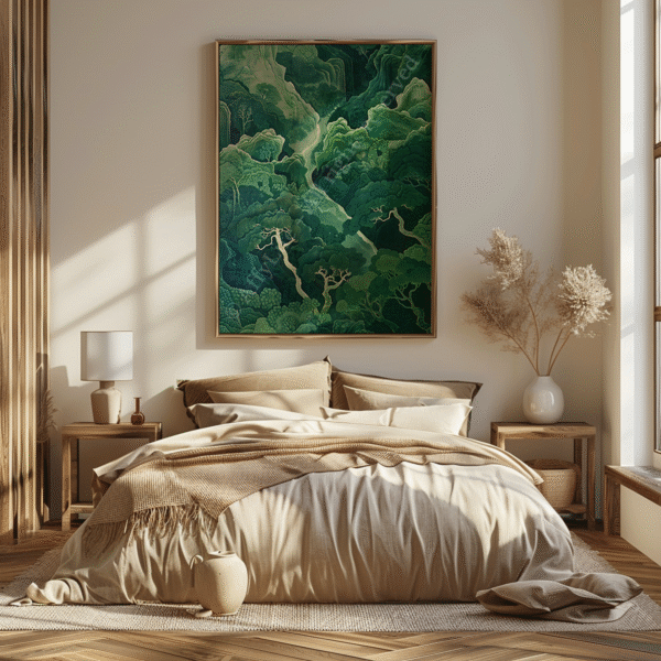 Spacious bedroom with a low-profile white sofa and a large sage green Japandi Wall Art print above, surrounded by earthy tones and soft fabrics.