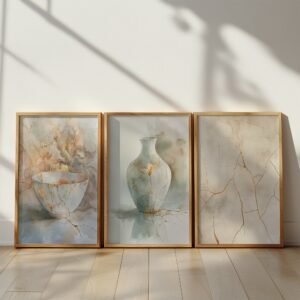 Three framed paintings of ceramics with gold-veined cracks in a Kintsugi style, soft sunlight casting natural shadows.