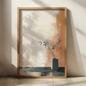 Framed Japandi Minimalist Wall Art of a vase with branches on textured orange and cream background, soft shadows creating a serene mood.