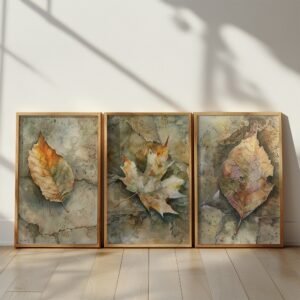 riptych of watercolor autumn leaves in earthy tones, framed in wood on a sunlit floor with soft shadows.
