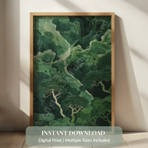 Framed abstract landscape print featuring winding paths through green forests, with light casting soft shadows. Text overlay reads “Instant Download.”