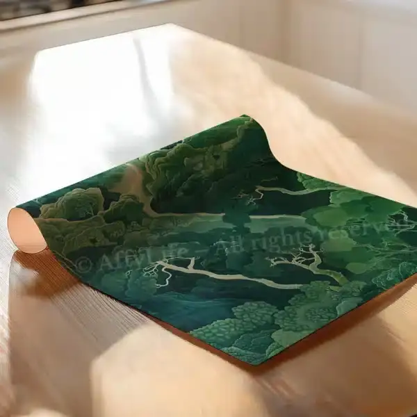 A roll of Serene Sage Green Japandi Wall Art-inspired wallpaper with a leafy pattern lies on a sunlit wooden table. Soft shadows enhance its tranquil mood.