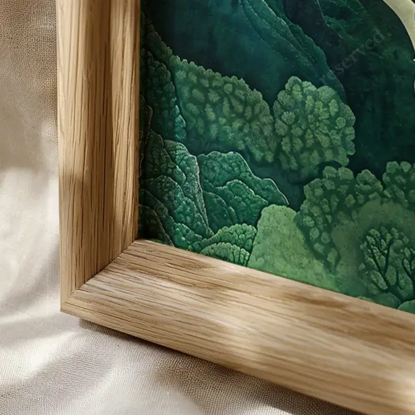 Close-up of a wooden frame corner holding a Serene Sage Green Japandi Wall Art of a lush forest scene, resting on light fabric.