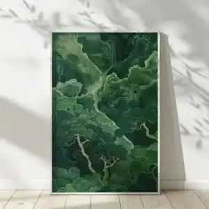 Framed Serene Sage Green Japandi Wall Art with abstract green foliage. Leaf shadows fall on a white wall, creating a calming visual rhythm.