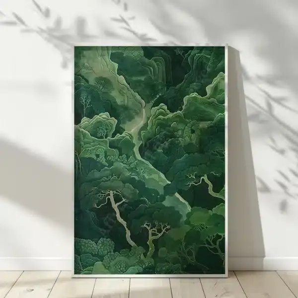 Framed Serene Sage Green Japandi Wall Art with abstract green foliage. Leaf shadows fall on a white wall, creating a calming visual rhythm.