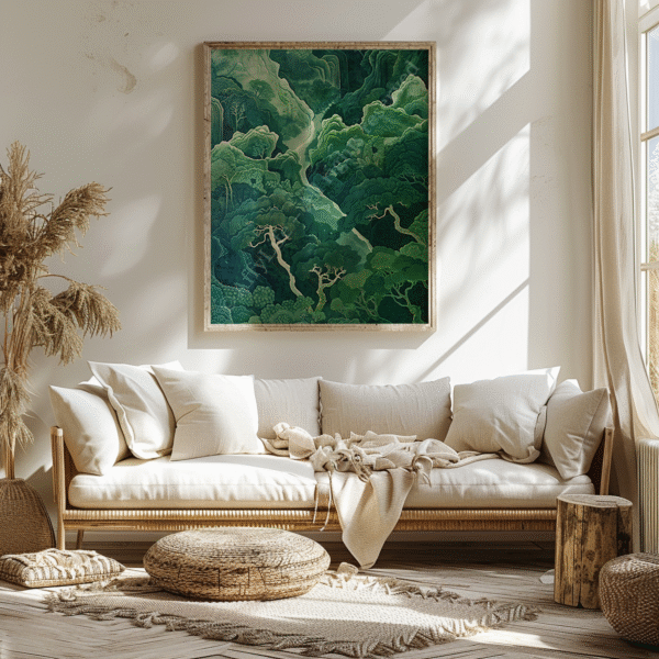 A modern living room with a curved white sofa, wooden coffee table, and a large framed Japandi Wall Art in sage green tones above. Natural textures and warm lighting enhance the calming ambiance.