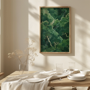 Minimalist dining area with light wood furniture and a large sage green Japandi Wall Art print depicting a soft abstract landscape.