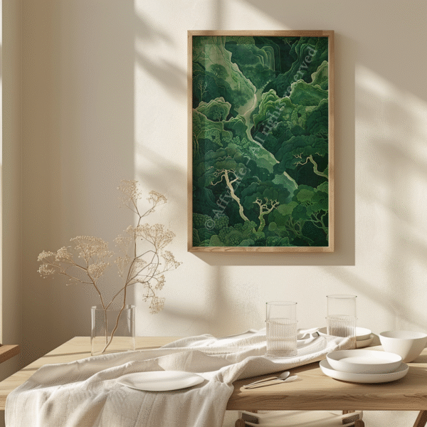 Minimalist dining area with light wood furniture and a large sage green Japandi Wall Art print depicting a soft abstract landscape.