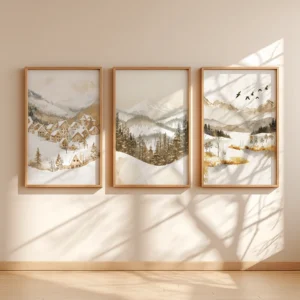Light wood frames from the Christmas Winter Wall Art Set depict snowy mountains, forests, and a village. Intricate shadows fall across the beige wall, evoking calm winter beauty.