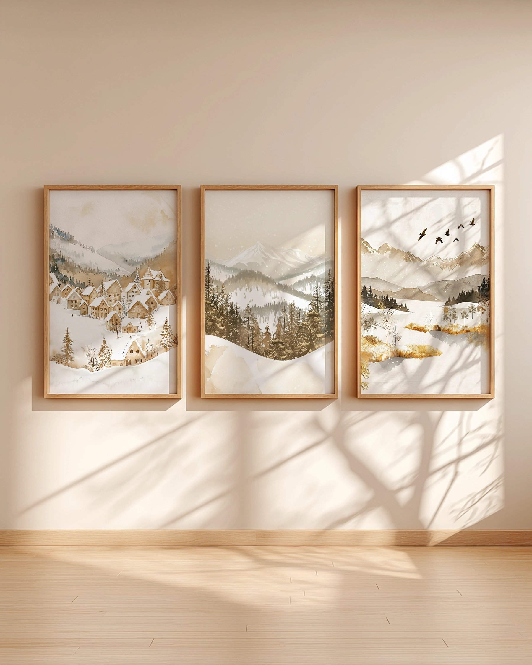 Light wood frames from the Christmas Winter Wall Art Set depict snowy mountains, forests, and a village. Intricate shadows fall across the beige wall, evoking calm winter beauty.