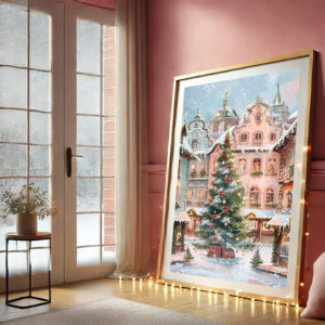 Pink Winter Christmas Village Art Print – Enchant Your Home with Festive Charm