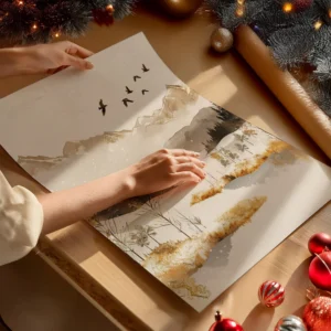 A pair of hands rolls up a print from the Christmas Winter Wall Art Set depicting birds flying over snowy mountains. Surrounded by ornaments and a lit Christmas tree, the scene radiates holiday warmth.