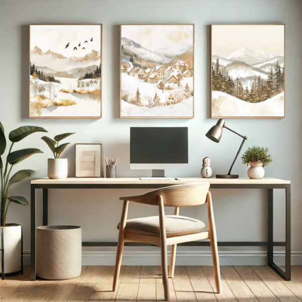 Home office with Christmas Winter Wall Art Set above the desk. Featuring snowy landscapes in warm beige tones, a desk, chair, and plants create a calm holiday workspace.