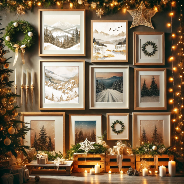 Festive gallery wall with Christmas Winter Wall Art Set, displaying snowy village, mountain, and forest scenes. Decorated with fairy lights, wreaths, and candles for a holiday atmosphere.
