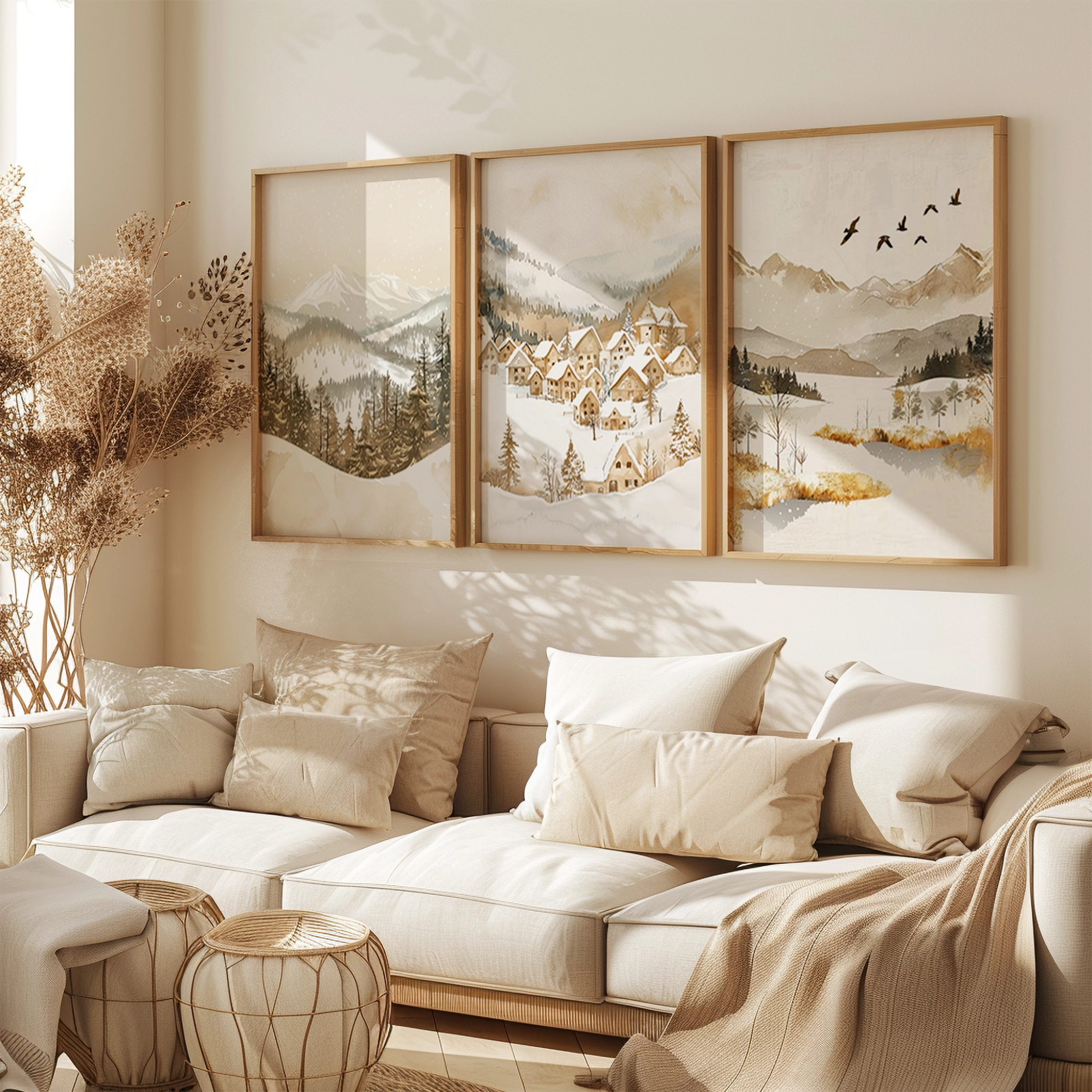 A cozy living room features a beige sectional sofa and wicker stools. Above, three calming prints from the Christmas Winter Wall Art Set portray snowy mountain landscapes and a village scene.