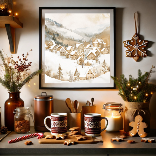 Cozy kitchen corner with Christmas Winter Wall Art Set above a holiday treat setup. Beige and gold snowy village art, surrounded by candles, gingerbread, and pine sprigs.