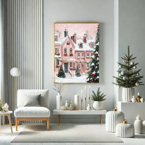 Pink Christmas wall art in a modern living room with a gold frame, neutral furniture, and minimalist holiday decor.