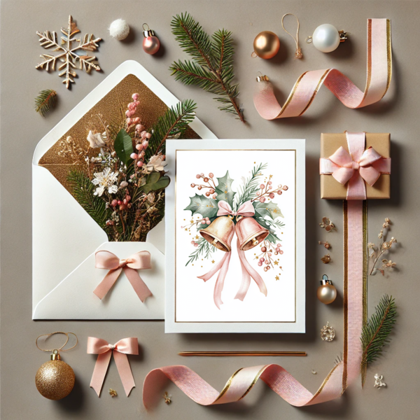 Minimalist Pink Christmas watercolor art featuring a bell, displayed as a card next to an envelope, pink ribbon, small gift box, and holiday decorations.