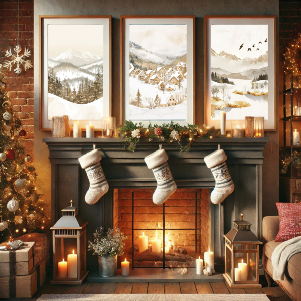 A festive fireplace with a Christmas Winter Wall Art Set above shows snowy village and mountain scenes. Stockings, candles, and garlands add cozy Christmas charm to the rustic setting.