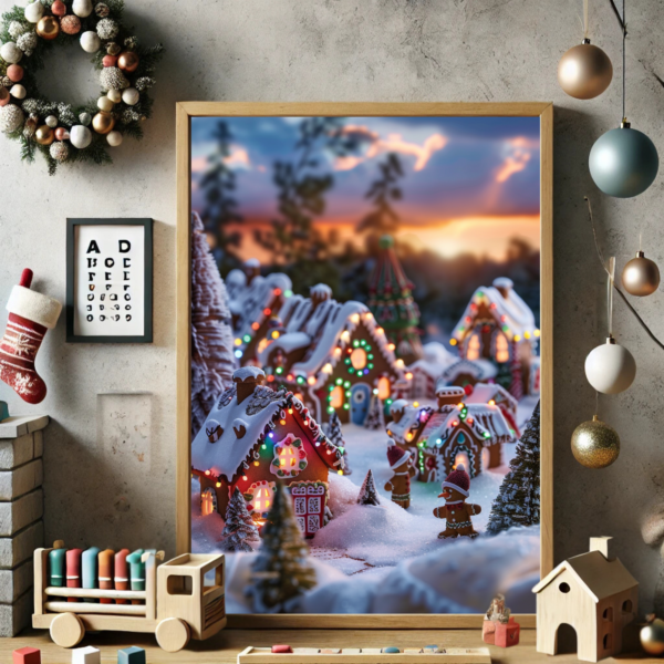 Christmas Gingerbread Village in a wooden frame in a child’s room, surrounded by holiday decor like a wreath, ornaments, and toys, sparking festive joy for kids