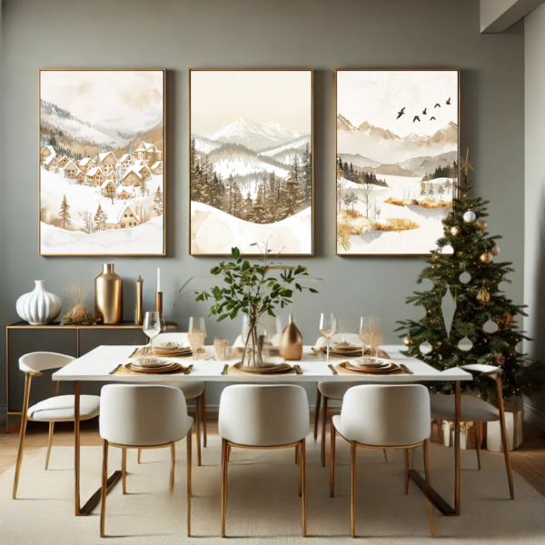 An elegant dining room with Christmas Winter Wall Art Set on the wall displays snowy landscapes in beige and gold. The festive look is complete with a gold-decorated table, white chairs, and a Christmas tree.