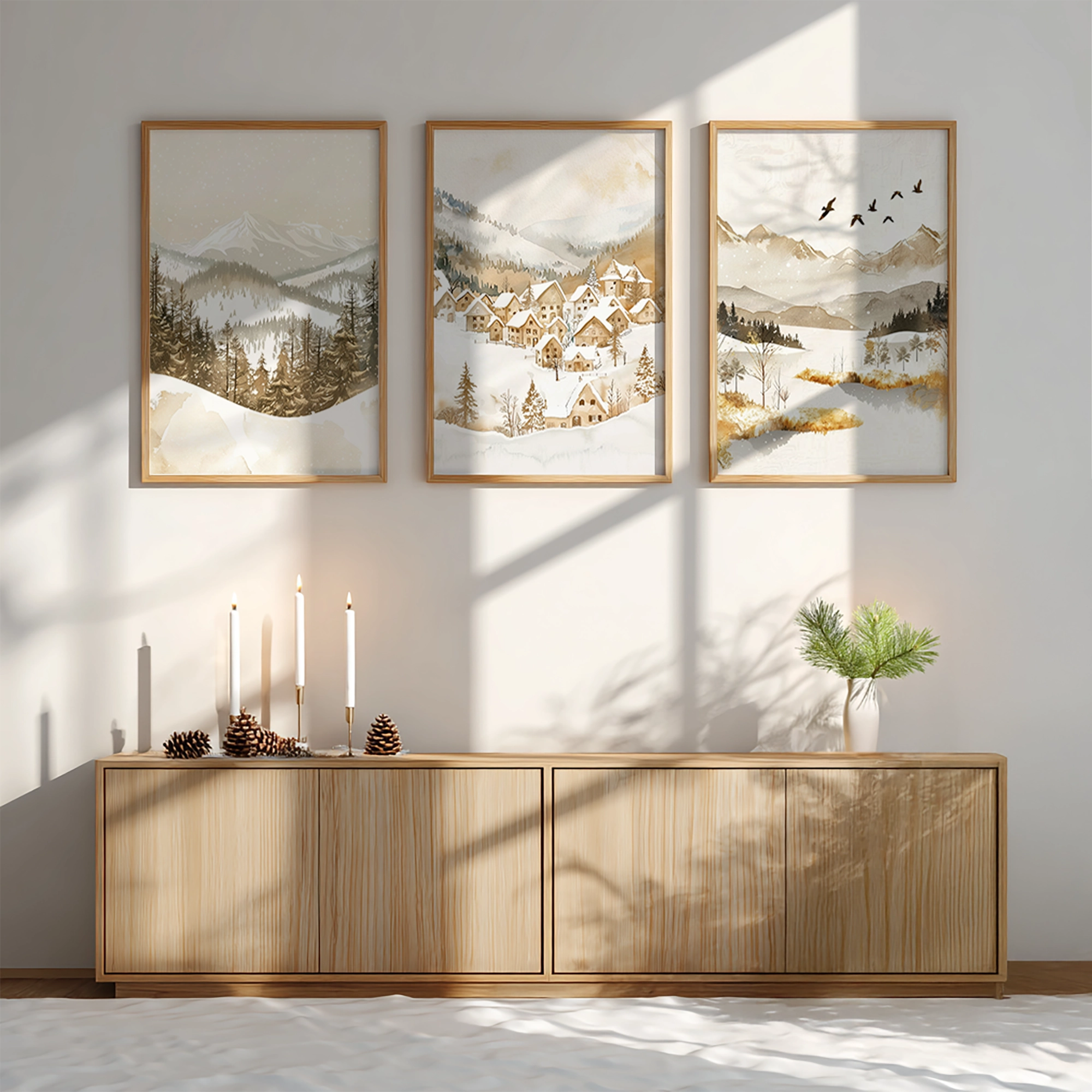 A trio of winter prints from the Christmas Winter Wall Art Set hang above a wooden cabinet decorated with candles and pinecones, bathed in soft sunlight, creating a cozy seasonal mood.