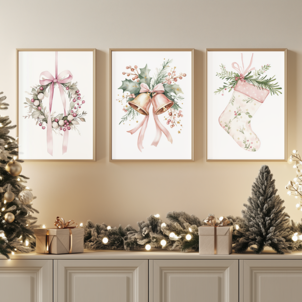 Minimalist Pink Christmas watercolor prints in wooden frames above a sideboard with holiday gifts and decor next to a Christmas tree.