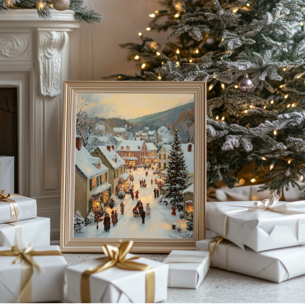 Christmas Village art in a gold frame by a fireplace with holiday lights, a Christmas tree, and white gift boxes with gold ribbons.