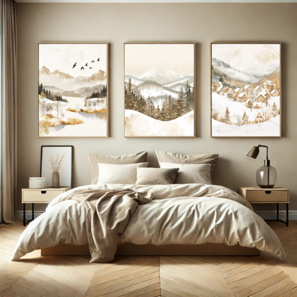 This minimalist bedroom features a Christmas Winter Wall Art Set above the bed. Snowy village and mountain scenes in soft hues complement natural wood decor for a cozy, serene vibe.