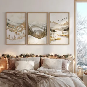 Above a plush bed with cushions, three framed artworks from the Christmas Winter Wall Art Set display snowy mountains and forests. A pinecone garland with lights enhances the festive atmosphere.