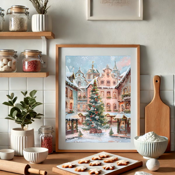 A cute holiday poster framed with baking items and greenery, creating a rustic Christmas wall art kitchen display.