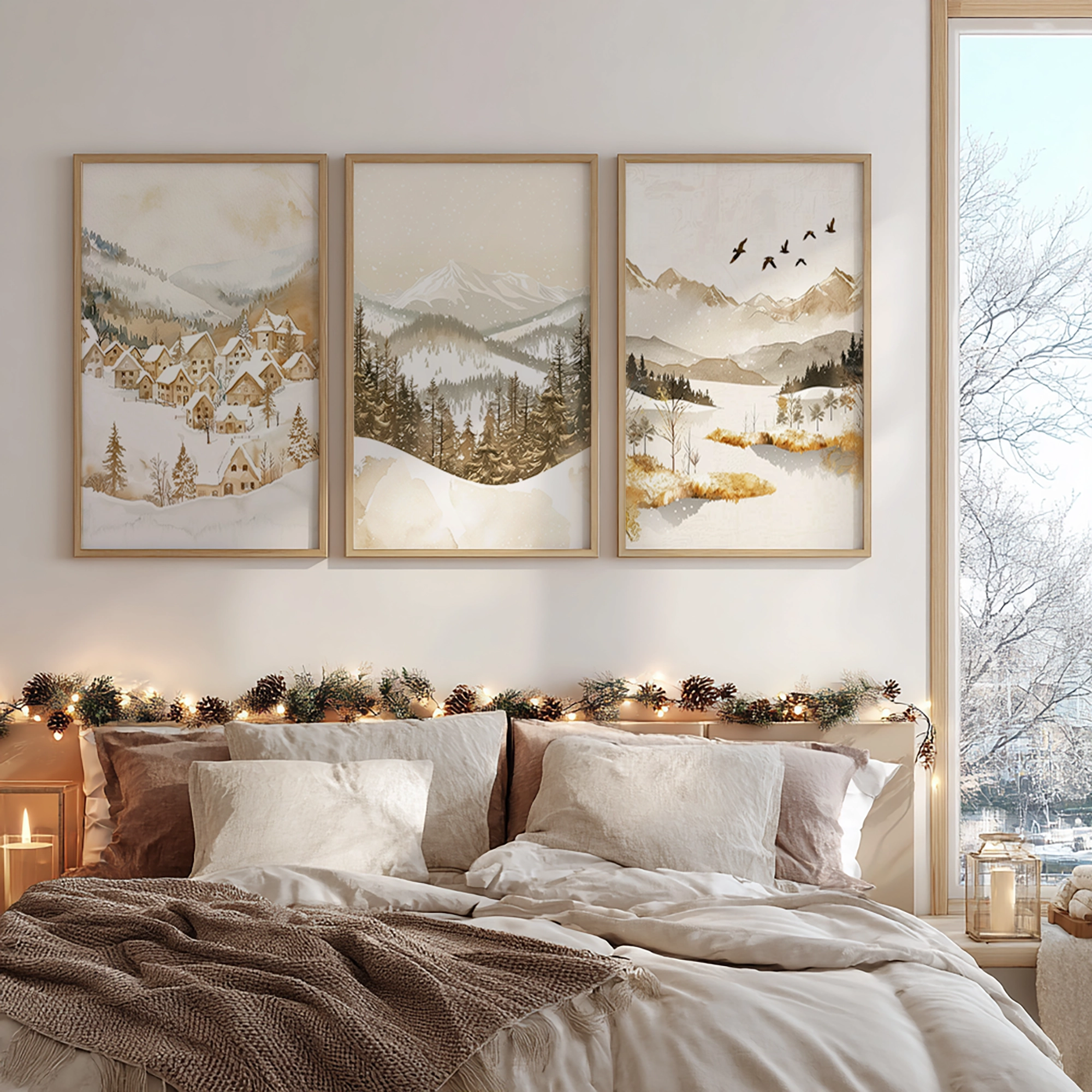 Above a plush bed with cushions, three framed artworks from the Christmas Winter Wall Art Set display snowy mountains and forests. A pinecone garland with lights enhances the festive atmosphere.