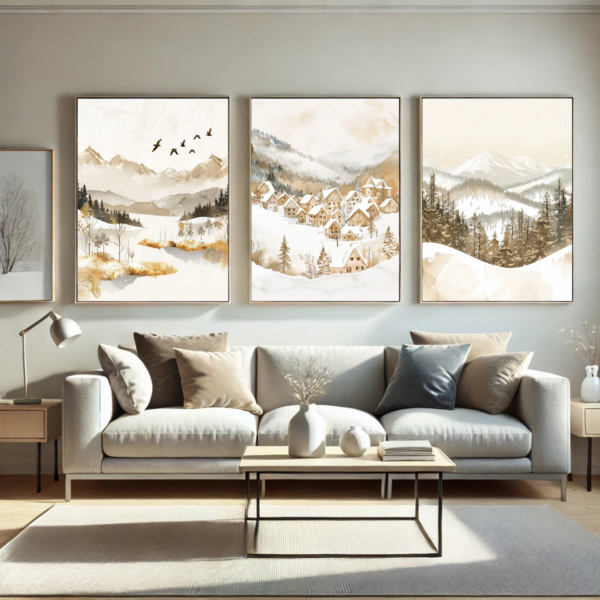 Neutral living room with Christmas Winter Wall Art Set above a light gray sofa. Snowy village, mountain, and forest scenes in beige and gold add a calm, festive touch.