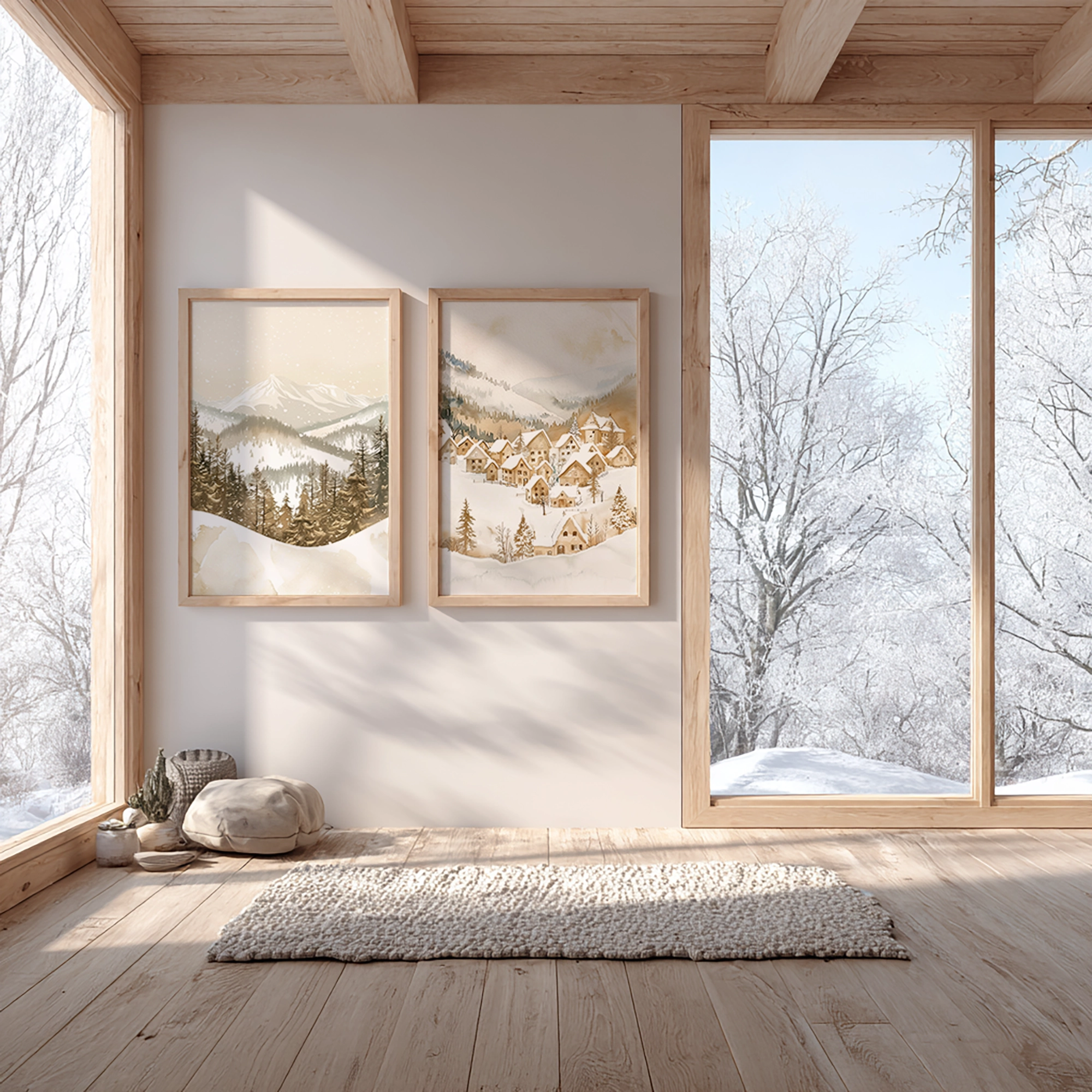 Two framed prints from the Christmas Winter Wall Art Set hang on a sunlit wall with large windows overlooking a snowy landscape, adding warmth and peace to the minimalist room.