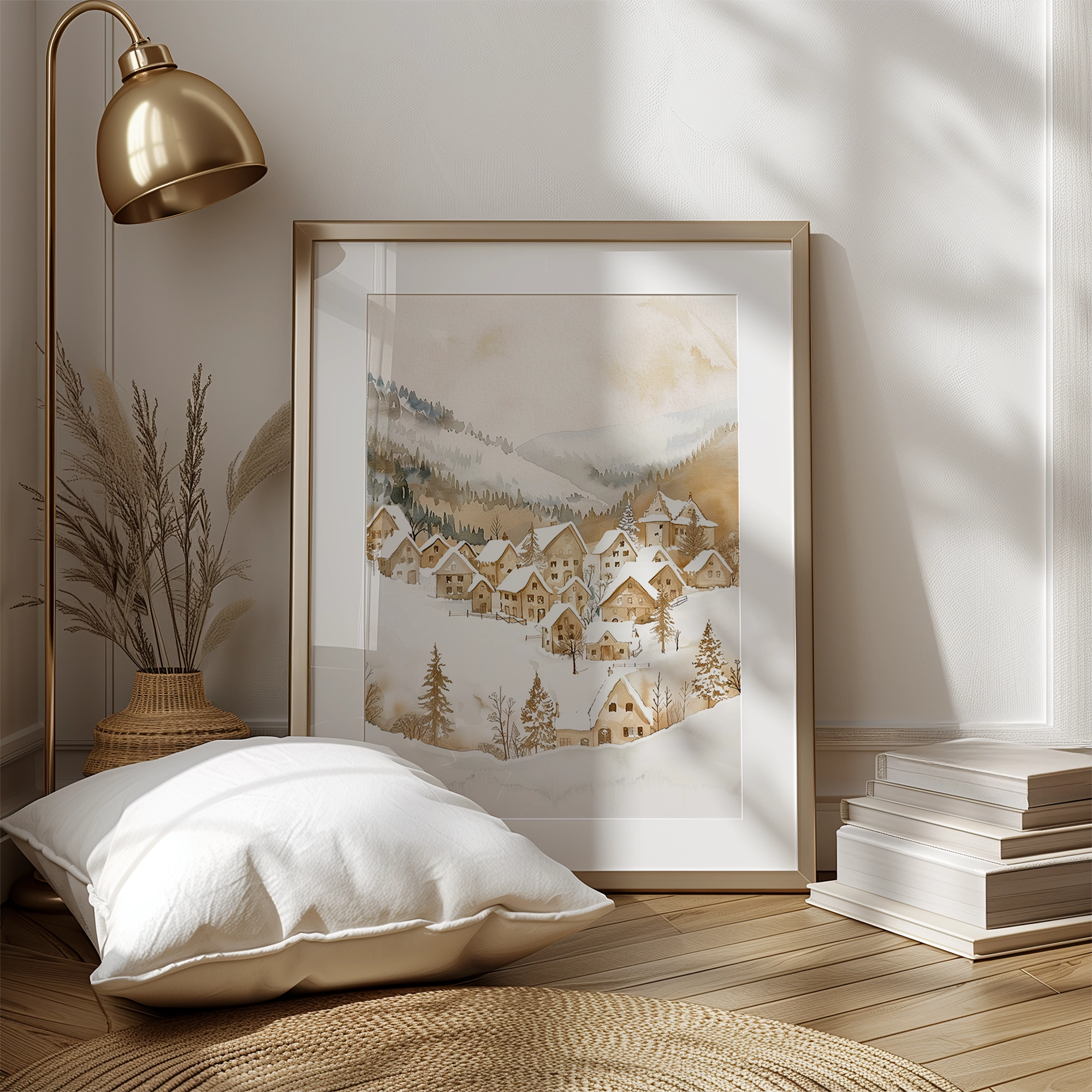 Framed painting from the Christmas Winter Wall Art Set shows a snowy village in a gold frame. A soft cushion, brass lamp, and sunlight create a warm, serene holiday ambiance.