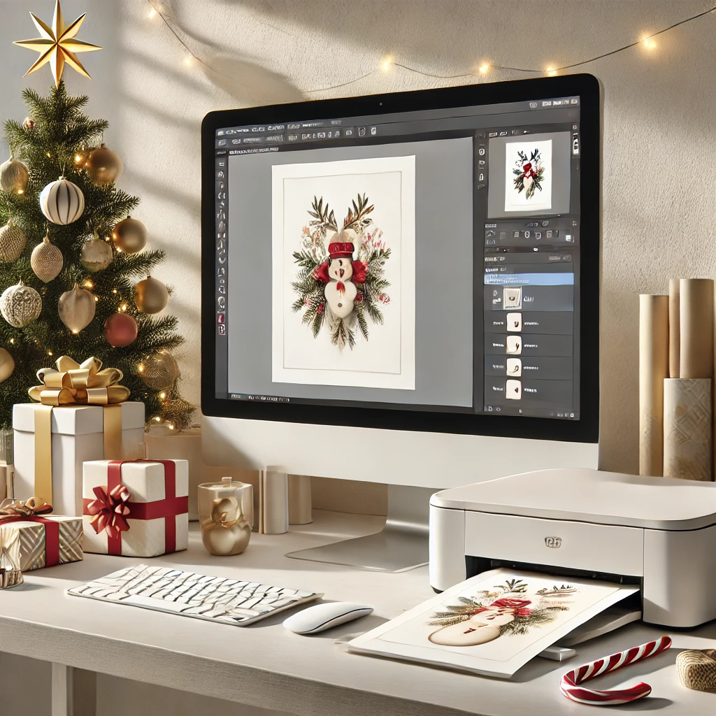 DALL·E 2024 11 22 12.36.52 A clean and festive scene showing a computer screen where a customer is preparing to print a piece of digital art. The computer screen displays the ar