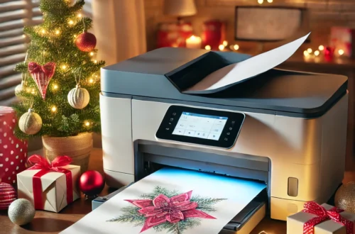 DALL·E 2024 11 22 12.38.28 A festive home setting featuring a modern printer actively printing a sheet of paper but the paper emerging from the printer is blank on top without