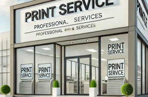DALL·E 2024 11 22 12.45.41 A modern print service building with clear signage indicating it offers professional printing services. The exterior features large glass windows cle