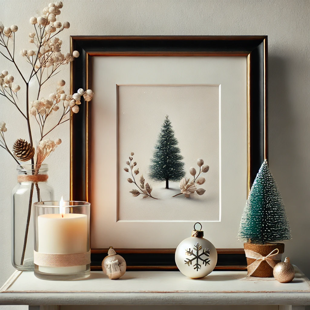 DALL·E 2024 11 22 12.50.15 A festive winter setup featuring a 5x7 inch print in a simple frame displayed on a decorative shelf. The shelf is decorated with seasonal accents lik