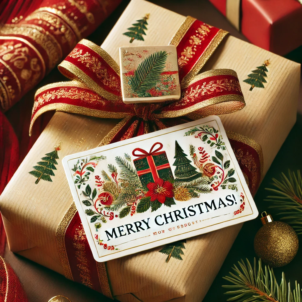 DALL·E 2024 11 22 12.56.42 A festive holiday scene featuring a small print used as a gift card placed on top of a wrapped present. The gift is wrapped in holiday colors such as