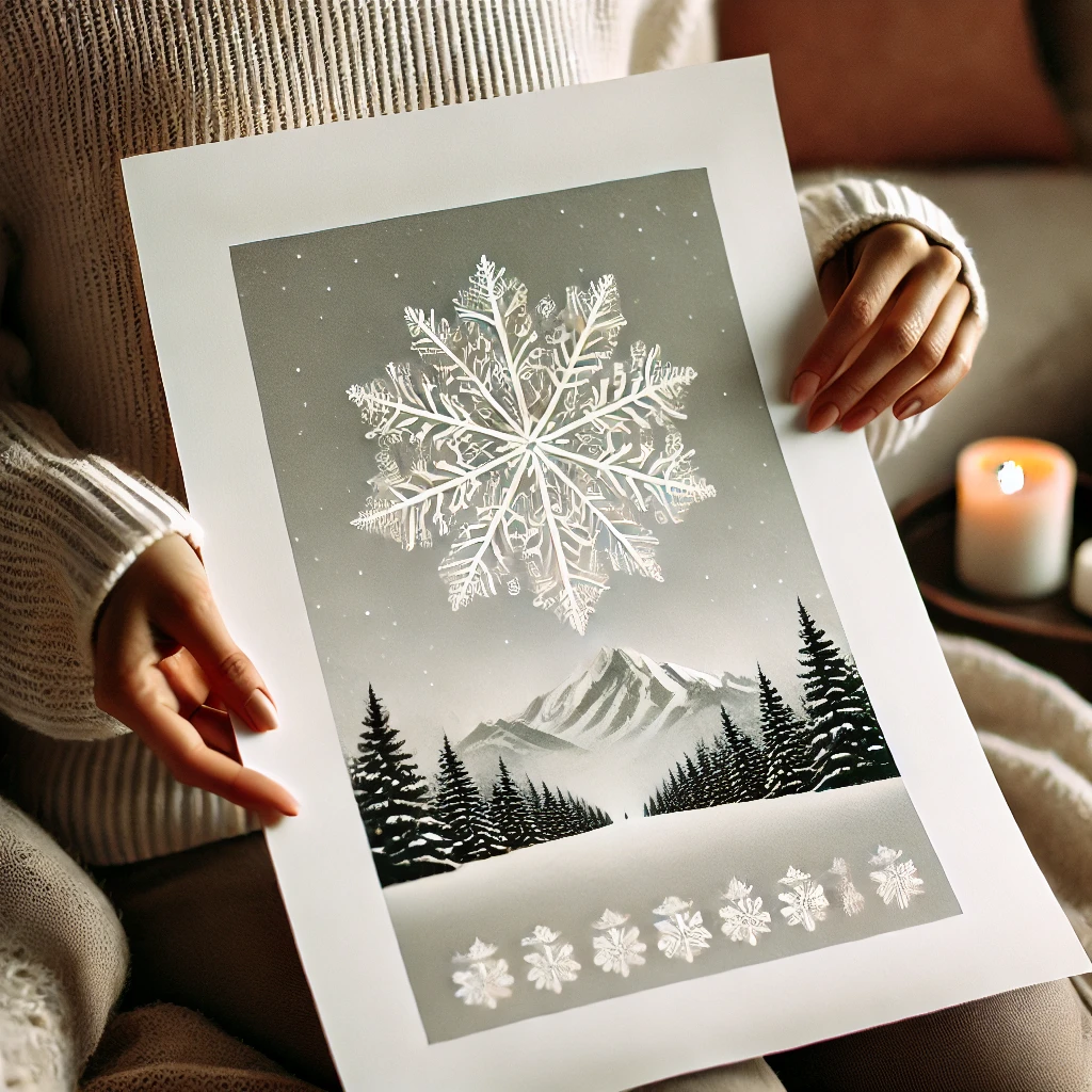 dalle 2024 11 22 12 15 11 a close up of hands holding a freshly printed winter themed artwork on a plain sheet of paper featuring a snowy landscape or minimalist snowflake des 2